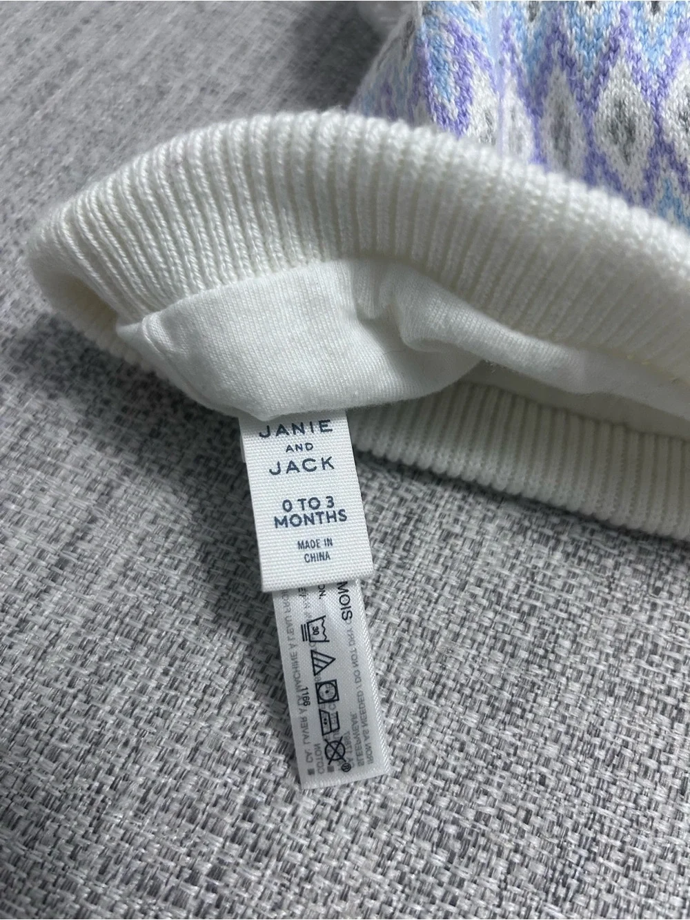Janie and Jack White Knit Pom Beanie with Purple and Blue Fair Isle. Size 0-3M